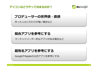 Conﬁdential
アイコンはどうやって決まるのか？
5
作った⼈人のこだわりが強い場合など
プロデューサーの世界感・直感
マーケットリーダー的なアプリがある場合など
競合アプリを参考にする
GoogleやAppleの公式アプリを参考にする
超有名アプリを参考にする
 