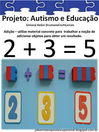 Adição – utilize material concreto para trabalhar a noção de
adicionar objetos para obter um resultado.
johannaterapeutaocupacional.blogspot.com.br
2 + 3 = 5
 