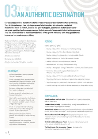 Successful destinations make the most of their appeal to deliver benefits to the whole community.
They do this by having a clear, strategic sense of why their place attracts visitors and what
investment it needs to sustain, enhance and grow that appeal. Destinations that are strategically
marketed, publicised and managed are more likely to generate ‘wise growth’ in their visitor economy.
They are also more likely to maximise the benefits of that growth in the long term through additional
income and increased numbers of jobs.
Actions
Short Term (1-2 years)
•	 Develop and launch the Shire’s tourism marketing strategy
•	 Develop and launch a Shire Brand Book and Style Guide
•	 Develop and launch an independent Hinchinbrook Way Website
•	 Develop and launch the Tourism Ambassador Program
•	 Develop and launch tourism promotional material
•	 Market the Shire as a strong and independent entity
•	 Develop a photographic catalogue of the Shire’s locations, products and people
•	 Commence dialogue with key stakeholders around the
Wallaman Falls Master Plan
•	 Develop and launch The Hinchinbrook Way Drive Tourism Product
•	 Market identified tourism development opportunities to potential investors
•	 Source new operators and products that value add to existing in-situ operators
•	 Promote the range of locations and services available to the film & events industry
The things that attract people to the destination are;
the natural environment, authentic experiences,
heritage and culture, iconic buildings, retail, sports,
food, gardens, events and scenery. These attributes
make a place special, distinctive and capable of
engendering community pride. The best managed
destinations also excel in:
Attracting new investment
Developing value-added jobs
Attracting new talent and stimulating innovation
Objectives
•	 Enhance the appeal of the Hinchinbrook
Shire as a destination
•	 Create memorable visitor experiences that
celebrate local character and identity, rather
than importing standardised solutions that
erode distinctiveness and relevance
•	 Increased visitation and income derived
from tourism and events
•	 Improve connectivity between precincts,
towns and attractions
•	 Clearly define what makes the Hinchinbrook
Shire attractive for locals and tourists and
the investment needed to sustain, enhance
and grow that appeal
•	 Create an iconic shire brand, with strong
community ownership that strategically
markets the Hinchinbrook Shire
•	 Identify commercial opportunities to
promote the Shire’s natural assets, art and
culture
•	 Leverage national, state and regional
tourism organisations capabilities, resource
programmes and marketing
KeyProjects
Shire Brand Book and Style Guide Defining the Shire’s brand and explaining
how the brand works
Shire Marketing Strategy A Shire Marketing Strategy developed around the
Shire Brand and targeting specific markets.
Drive Tourism Product Presenting distinct tourism themes as sophisticated drive
tourism product that is attractive to a broad spectrum of the drive tourism market.
Wallaman Falls Master Plan Project A catalyst project for private sector
investment into new commercial enterprises and enhanced tourism facilities
at Wallaman Falls
Hinchinbrook Island Gateway Project Developing and marketing Lucinda
as the gateway to local islands and the reef
The Hinchinbrook Way Ambassador Program Leveraging the
communities’ capacity to promote the Shire
12
03THEBIGFIVE
ANAuthenticDestination
 