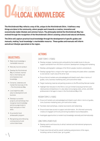 The Hinchinbrook Way reflects a way of life, unique to the Hinchinbrook Shire. It defines a way
things are done in the community, where people work towards a creative, innovative and
economically viable lifestyle and common future. The philosophy behind the Hinchinbrook Way has
evolved through the recognition of the Hinchinbrook’s Shire’s existing cultural and natural attributes.
The Shire will capture practical local knowledge through the development of specific guides and
manuals, making ‘local knowledge’ a marketable resource. These guides and manuals will inform
and attract lifestyle specialists to the region.
Actions
Short Term (1-2 years)
•	 Develop strategic marketing tools and publicity that enable locals to discuss,
support and benefit from the Shire’s economic development strategy and marketing
•	 Develop a photographic catalogue of the Shire’s people, locations and products
•	 Develop signage that is unique to the region and clearly articulates what is available
to visit and do in each area of the drive route
•	 Ensure that all markets are acknowledged and linked to each other in terms of
guides, icons, business marketing tools, print and online media
•	 Target marketing material and parking locations to the RV and Grey Nomad market
•	 Highlight that relocation to the Shire is not just limited to boutique farmers and
new business entrepreneurs it is also about encouraging cooks, artists, and other
professionals of all ages to invest in the Hinchinbrook Way of life.
Medium Term (2-4 years)
•	 Ensure all markets are acknowledged and linked to each other in terms of guides,
icons, business marketing tools, print and online media
•	 Facilitate retail workshops, creative local events and networking
•	 Ensure locals have access to support and information. An informed community
creates an engaged community and strong foundation local ambassadors
•	 Investigate opportunities to market local knowledge nationally and internationally
Long Term (4 years plus)
•	 Develop events and resources to attract national and international symposiums
to Hinchinbrook
•	 Create tools that will aid the overall marketing and promotion of the region,
including a series of world class ‘go to guides’.
Objectives:
•	 Make local knowledge a
marketable resource
•	 New edu-tourism product
•	 Develop the Hinchinbrook
Way in a holistic manner
that is informed by and
encompasses local
knowledge
•	 Conserve, celebrate and
market the local way of life
– The Hinchinbrook Way
•	 Local expertise adds
value to development and
business
•	 Develops successful
projects and workshops that
recognise local knowledge
and encourage locals to
teach and pass on their
skills
•	 A successful local
ambassador program
•	 Recognising and embracing
a strong local art and
culture talent base
14
04THEBIGFIVE
LocalKnowledge
 
