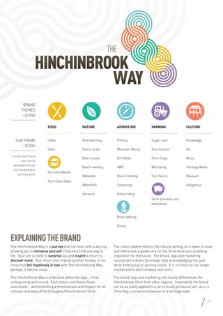 Explainingthebrand
The Hinchinbrook Way is a journey that can start with a day trip,
allowing you to immerse yourself in the Hinchinbrook way of
life. Your visit is likely to surprise you and inspire a return to
discover more. Your return visit may be another holiday, or for
those that fall hopelessly in love with The Hinchinbrook Way…
perhaps a lifetime move.
The Hinchinbrook Way is embodied within the logo… it has
no beginning and no end. Each colour and theme flows
seamlessly… demonstrating a timelessness and respect for all
cultures and ways of life throughout Hinchinbrook Shire.
The colour palette reflects the natural setting, be it dawn or dusk
and references a golden era for the Shire while also providing
inspiration for the future. The brand, logo and marketing
incorporate a distinctly vintage style acknowledging the past
while embracing an exciting future. It is on trend for our target
market and is both timeless and iconic.
The brand, logo and marketing will clearly differentiate the
Hinchinbrook Shire from other regions. Importantly the brand
can be as easily applied to a jar of locally produced jam, as to a
Shire flag, a conference banner or a heritage walk.
Bird watching
Scenic drive
Boat cruises
Beach walking
Wetlands
Waterfalls
Volcanos
Fishing
Mountain Biking
Dirt Bikes
4WD
Rock Climbing
Canyoning
Horse riding
Bush walking
Diving
Knowledge
Art
Music
Heritage Walks
Museum
Indigenous
Cafes
Delis
Farmers Market
Farm Gate Sales
Sugar cane
Edu-tourism
Farm Stays
Well being
Fish Farms
Farm activities and
workshops
FOOD
BRAND
THEMES
- ICONS
SUB THEME
- ICONS
Further Sub Theme
Icons will be
developed through
the branding book
and style guide
NATURE ADVENTURE FARMING CULTURE
21
 