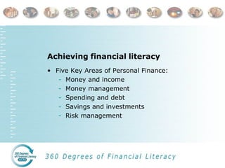 Achieving financial literacy
• Five Key Areas of Personal Finance:
- Money and income
- Money management
- Spending and debt
- Savings and investments
- Risk management
 