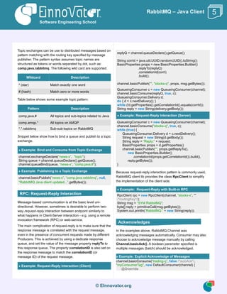 © EInnovator.org
RabbitMQ – Java Client
Topic exchanges can be use to distributed messages based on
pattern matching with ...