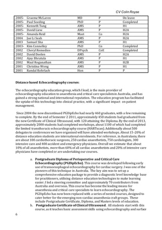 CV Colin Royse
6
2005- Graeme McLaren MD P On leave
2005- Paul Soeding PhD P Completed
2005- Kenneth Tung AMS P H1
2005- David Liew AMS P H2A
2005- Amanda Reid Mast Co H2A
2004 Jue Li Seah AMS P H2A
2003 Samuel Sha AMS P H1
2003- Kim Connelley PhD Co Completed
2002 Cheryl Remedios DPsych CoE Completed
2002 David Deelen AMS P H2A
2002 Ajay Bhratula AMS P H1
2002 Maal Roganathan AMS P H2B
2001 Christina Wong AMS P H1
2001 Randal Rohrlach Hon P P
Distance based Echocardiography courses:
The echocardiography education group, which I lead, is the main provider of
echocardiography education to anaesthesia and critical care specialistsin Australia, and has
gained a strong national and international reputation. The education program has facilitated
the uptake of this technology into clinical practice, with a significant impact on patient
management.
Since 2004 the now discontinued PGDipEcho had nearly 460 graduates, with a few remaining
to complete. By the end of Semester 2 2011, approximately 450 students had graduated from
the new Certificate of Clinical Ultrasound, with 120 attaining the Diploma. By the end of 2013,
approximately 2000 students had completed workshops, about 1100 of which had completed
the limited transthoracic echocardiography course (HARTscan). Additionally about 500
delegates to conferences we have organised will have attended workshops. About 15-20% of
distance education students are international enrolments. For reference, in Australasia, there
are about 100 cardiothoracic surgeons, 250 cardiac anaesthetists, 750 cardiologists, 300
intensive care and 400 accident and emergency physicians. Overall we estimate that about
10% of all anaesthetists, more than 60% of all cardiac anaesthetists and 20% of intensive care
physicians have completed or are undertaking our courses.
a. Postgraduate Diploma of Perioperative and Critical Care
Echocardiography (PGDipEcho). This course was developed following early
use of transoesophageal echocardiography forcardiac surgery. I was one of the
pioneers of this technique in Australia. The key aim was to set up a
comprehensive education package to provide a diagnostic level knowledge base
for practitioners, utilising distance education technologies to make learning
easier. I led a steering committee and approximately 70 contributors from
Australia and overseas. This course has become the leading means for
anaesthesia and critical care specialists to learn echocardiography. The
PGDipEcho has now been replaced with a series of nested courses, designed to
cater better for the emerging non-cardiac anaesthesia craft groups. These
include Postgraduate Certificate, Diploma, and Masters levels of education.
b. Postgraduate Certificate of Clinical Ultrasound. All students start with this
course, as it teaches basic assessment skills using echocardiography and surface
 