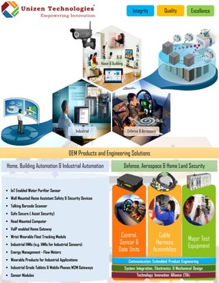 Integrity Quality Excellence
Home & Building
Industrial Defense & Aerospace
 IoT Enabled Water Purifier Sensor
 Wall Mounted Home Assistant Safety & Security Devices
 Talking Barcode Scanner
 Safe Secure ( Asset Security)
 Head Mounted Computer
 VoIP enabled Home Gateway
 Wrist Wearable Fleet Tracking Module
 Industrial HMIs (e.g. HMIs for Industrial Sensors)
 Energy Management - Flow Meters
 Wearable Products for Industrial Applications
 Industrial Grade Tablets & Mobile Phones M2M Gateways
 Sensor Modules
OEM Products and Engineering Solutions
Home, Building Automation & Industrial Automation Defense, Aerospace & Home Land Security
 