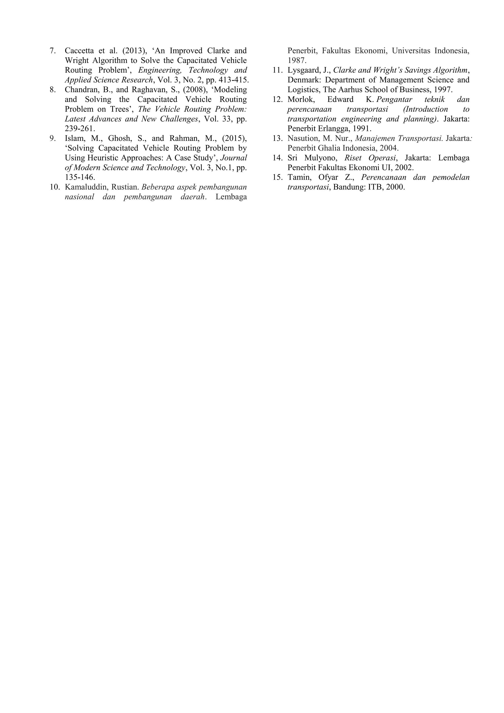 7. Caccetta et al. (2013), ‘An Improved Clarke and
Wright Algorithm to Solve the Capacitated Vehicle
Routing Problem’, Engineering, Technology and
Applied Science Research, Vol. 3, No. 2, pp. 413-415.
8. Chandran, B., and Raghavan, S., (2008), ‘Modeling
and Solving the Capacitated Vehicle Routing
Problem on Trees’, The Vehicle Routing Problem:
Latest Advances and New Challenges, Vol. 33, pp.
239-261.
9. Islam, M., Ghosh, S., and Rahman, M., (2015),
‘Solving Capacitated Vehicle Routing Problem by
Using Heuristic Approaches: A Case Study’, Journal
of Modern Science and Technology, Vol. 3, No.1, pp.
135-146.
10. Kamaluddin, Rustian. Beberapa aspek pembangunan
nasional dan pembangunan daerah. Lembaga
Penerbit, Fakultas Ekonomi, Universitas Indonesia,
1987.
11. Lysgaard, J., Clarke and Wright’s Savings Algorithm,
Denmark: Department of Management Science and
Logistics, The Aarhus School of Business, 1997.
12. Morlok, Edward K. Pengantar teknik dan
perencanaan transportasi (Introduction to
transportation engineering and planning). Jakarta:
Penerbit Erlangga, 1991.
13. Nasution, M. Nur., Manajemen Transportasi. Jakarta:
Penerbit Ghalia Indonesia, 2004.
14. Sri Mulyono, Riset Operasi, Jakarta: Lembaga
Penerbit Fakultas Ekonomi UI, 2002.
15. Tamin, Ofyar Z., Perencanaan dan pemodelan
transportasi, Bandung: ITB, 2000.
 