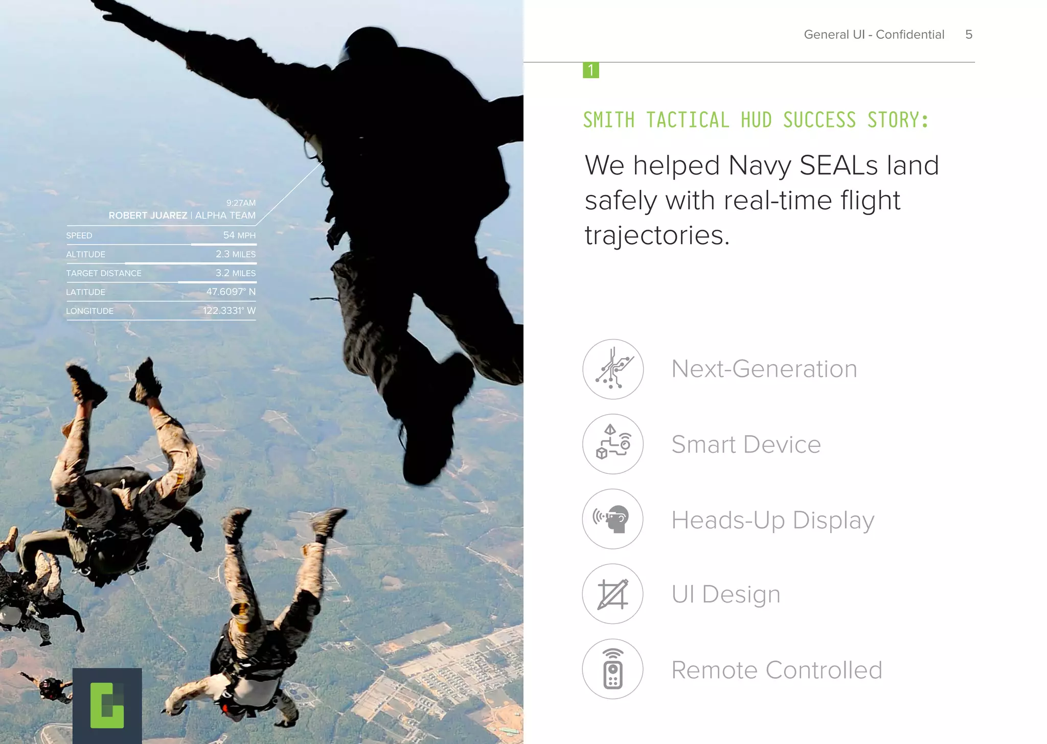 SPEED 54 MPH
ALTITUDE 2.3 MILES
TARGET DISTANCE 3.2 MILES
LATITUDE 47.6097° N
LONGITUDE 122.3331° W
ROBERT JUAREZ | ALPHA TEAM
9:27AM
General UI - Conﬁdential 5
We helped Navy SEALs land
safely with real-time ﬂight
trajectories.
SMITH TACTICAL HUD SUCCESS STORY:
Heads-Up Display
Next-Generation
Smart Device
UI Design
Remote Controlled
1
 