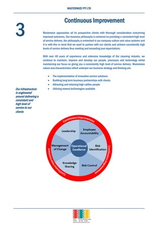 MASTERWIZE PTY LTD
Continuous Improvement
Masterwize approaches all its prospective clients with thorough consideration concerning
improved outcomes. Our business philosophy is centered on providing a consistent high level
of service delivery, the philosophy is entreched in our company culture and value systems and
it is with this in mind that we want to partner with our clients and achieve consistently high
levels of service delivery thus meeting and exceeding your expectations.
With over 40 years of experience and extensive knowledge of the cleaning industry, we
continue to maintain, improve and develop our people, processes and technology whilst
maintaining our focus on giving you a consistently high level of service delivery. Masterwize
values and characteristics which underpin our business strategy and thinking are:
 The implementation of innovative service solutions
 Building long term business partnerships with clients
 Attracting and retaining high calibre people
 Utilising newest technologies available
3
Our infrastructure
is engineered
around delivering a
consistent and
high level of
service to our
clients
 