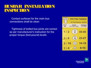 9
BUSBAR INSTALLATIONBUSBAR INSTALLATION
INSPECTIONINSPECTION
Contact surfaces for the main bus
connections shall be clean
Tightness of bolted bus joints are correct
as per manufacturer's instruction for the
proper torque (foot-pound) levels
 
