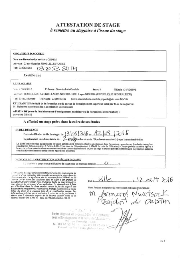 Fiche D Appreciation Attestation De Stage