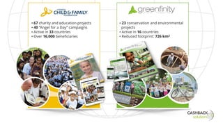 • 67 charity and education projects
• 40 “Angel for a Day” campaigns
• Active in 33 countries
• Over 16,000 beneficiaries
• 23 conservation and environmental
projects
• Active in 16 countries
• Reduced footprint: 726 km2
 