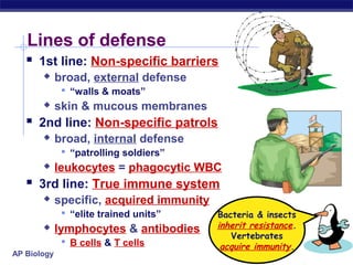 Lines of defense
    1st line: Non-specific barriers
            broad, external defense
               “walls & moats”
            skin & mucous membranes
    2nd line: Non-specific patrols
            broad, internal defense
               “patrolling soldiers”
            leukocytes = phagocytic WBC
    3rd line: True immune system
            specific, acquired immunity
               “elite trained units”      Bacteria & insects
            lymphocytes & antibodies      inherit resistance.
                                              Vertebrates
               B cells & T cells           acquire immunity.
AP Biology
 