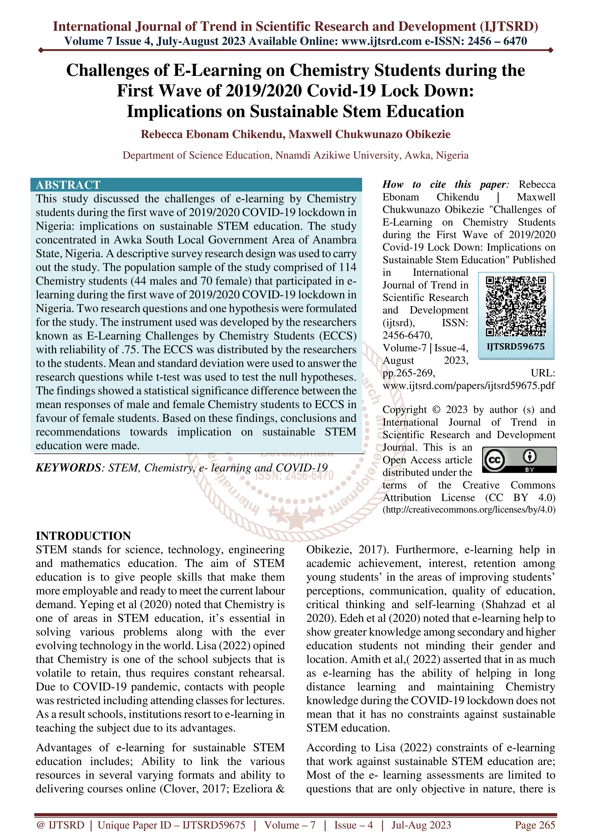 Challenges of E Learning on Chemistry Students during the First Wave of ...
