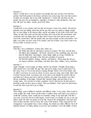 77
Question 4:
I guess I would have to say my parents even though they may not have been the best
parents I had both parents in the house and there were some issues that were there and as
an adult you recognize that it was really dysfunction. I would still stay those are the
people who gave me my foundation, regardless of whatever other dysfunction they had
they still gave me values, morals, good work ethics.
Question 5:
I would have to say a leader and I say that not because I want to be a leader. Me and my
husband were just talking about this and he says that I am very quick to engage people
like we were sitting in the doctors office and he was sitting in one of the rooms and I was
sitting out and I just came out and said one thing and I was in this full conversation with
everybody that was sitting there and then when I went in the back and he came out he
was in the conversation with the people, they just kept carrying on that conversation. So I
think even when you don’t want to be a leader, and a lot of times I say I don’t want to be
but you really in essence you are.
Question 6:
I feel like I am a combination of three hats, which are…
- The White Hat calls for information known or needed. "The facts, just the facts.
- The Black Hat is judgment - the devil's advocate or why something may not work.
Spot the difficulties and dangers; where things might go wrong. Probably the
most powerful and useful of the Hats but a problem if overused.  
- The Red Hat signifies feelings, hunches and intuition. When using this hat you
can express emotions and feelings and share fears, likes, dislikes, loves, and hates.
Question 7:
Again I thought I wasn’t going to college and for one moment I thought about being a
math teacher but it was really this guy who said you’re going to go to school and I was
like okay. Even as I was in the process of going through school, a lot of my friends said
we didn’t even know you were in school we never seen you study, and I really didn’t take
it serious because music was always just in me and so even though the teacher told me
one thing but I always just took it and my creativity just made it go another way. But I
did use something of the things I learned like classical things and used them in my
secular music. You can hear it in there sometimes but if it had not bee for that person I
probably would not have gone to school. That was definitely God’s grace his intervention
to send this man to get me to go to college.
Question 8:
Those things come at different moments and different times, it was a time when it used to
come at night like really bad to a point where I couldn’t sleep, and I had to see a doctor, it
would like seriously music would just be constantly rolling in my head until I felt like I
was crazy. Even now but not to that degree, I used it more as a healing for me, so you can
almost really tell what was going on in my life, based in the arrangements and I just look
back on them and they seem so crazy, like some of the nuances of the song and now the
arrangements I put together have a more calming, the chords are a little different but it all
depends because I’m sitting talking to you now and sometimes I’m in the middle of class
 