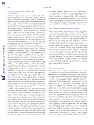 Tissue processing for ﬂow cytometry and
transcript analysis
Expt 1. Six jejunal sections (3 cm on either side of the
midpoint between the bile ducts and the Meckel’s diverticu-
lum) per treatment were collected from the broilers, and
placed in ice-cold Tris(hydroxymethyl)-aminomethane-glycine
buffer (TrisG; Thermo Scientiﬁc) before further processing.
From each jejunal section, a 1 cm portion distal to the Meckel’s
diverticulum was placed into Trizolw
(Life Technologies) for
later transcript analysis. Jejunal sections were cut longitudin-
ally and disrupted with a sterile cell sieve (CD-1e, 60 mesh
screen 230 mm pore size; Sigma-Aldrich). Phosphate-free
buffer, i.e. TrisG, was used to minimise Zn chelation during
tissue processing(40)
. Cell homogenates were centrifuged at
800 g for 20 min, and the supernatant was decanted. The
supernatant was centrifuged at 3560 g for 20 min; the pellet
was retained and re-suspended in 2 ml of TrisG. The crude
cell suspension was then incubated for 30 min at 378C. Five
hundred ml of each cell suspension was divided into four
reagent tubes: an unlabelled tube (to determine background
ﬂuorescence) and three separate reagent tubes containing
ﬂuorescently conjugated cells. Fluorescent indicators
included: 12·5 ml of FluoSpheresw
(1·0 mm diameter; Invitro-
gen) for measurement of phagocytic activity(41)
; 100 ml of
dihydrorhodamine-123 to report the presence of H2O2 and
intracellular peroxidase(42)
; 10 ml of Newport Greene DCF
diacetate (Invitrogen) for determination of intracellular Zn
levels(43)
. A typical avian phagocyte ranges between 8 and
10 mm(44)
. The 1·0 mm diameter of carboxylate-modiﬁed
microspheres was thought to be of adequate size to stimulate
phagocytic response, yet small enough to allow for mechan-
ical phagocytosis to occur(45)
. All tubes underwent a ﬁnal
incubation for 30 min at 378C. After incubation, cells were
washed using a ﬁnal 10 min 3000 g spin. The supernatant
was discarded and the pellet was re-suspended in 1 ml
TrisG. Cells were preserved with 500 ml of 2 % paraformalde-
hyde in Hanks’ balanced salt solution (no Ca, no Mg; Life
Technologies), and were stored at 38C for next day analysis.
Percent positive cells were calculated by bird, as the difference
in ﬂuorescence between cells only and ﬂuorescently conju-
gated cells. Median ﬂuorescent intensity (MFI) of ﬂuorescently
conjugated cells was also determined.
Expt 2. Tissue processing for Expt 2 was nearly identical to
the protocol described in Expt 1; therefore, only the differ-
ences between the two experiments are described in this
section. Caecal tonsils from six birds per treatment were
collected. One caecal tonsil went into Trizolw
for later tran-
script analysis. The remaining tonsils were processed for
ﬂow cytometry. Caecal tonsil cells are more lymphoid in
nature than jejunal cells, and were therefore centrifuged at
lower speeds: 500 g for 20 min. The supernatant was decanted
and centrifuged at 1150 g for 20 min; the pellet was retained
and re-suspended in 2 ml of TrisG. The crude cell suspension
was then incubated for 30 min at 378C. Five hundred ml of
each cell suspension was divided into four reagent tubes:
one unlabelled (to determine background ﬂuorescence) and
three separate reagent tubes (ﬂuorescently conjugated cells).
Fluorescent indicators included: 12·5 ml of FluoSpheresw
(1·0 mm diameter; Invitrogen) for measurement of phagocytic
activity(41)
; 5 ml of mouse anti-chicken CD3þ –ﬂuorescein
isothiocyanate (FITC) conjugate to label the T cell receptor-
associated CD3 complex (SouthernBiochem);10 ml of Newport
Greene DCF diacetate (Invitrogen) for determination of intra-
cellular Zn levels(43)
. Caecal tonsil cells were preserved in 2 %
paraformaldehyde and refrigerated (38C) for next day analysis.
Flow cytometry parameters and data analysis
Expt 1 and 2 utilised a benchtop ﬂow cytometer with 3-blue
and 1-red lasers conﬁgured for excitation at 488 and 640 nm,
respectively (C6 BD Accuri Cytometer, Inc.). The FL1 optical
ﬁlter with emission detection of 522/30 nm was used for
Newport Greene, CD3þ –FITC, and dihydrorhodamine-123
analysis. The FL2 optical ﬁlter with emission at 585/40 nm
was used to detect phagocytic microbeads. Data were col-
lected on 20 000 cells per sample. Total cell population was
examined on a scatter-height (FSC-H) v. side scatter-height
(SSC-H) plot. Histogram overlays were generated using
System II Software (Beckman Coulter Company). Histograms
of optical ﬁlter by cell count were generated for cells-only
and each measured ﬂuorophore. For each bird, a ﬂuorescently
labelled cell population was overlaid against the unlabelled
cells-only histogram. The shift in cell population between
ﬂuorescently conjugated cells and cells-only was calculated
as percentage ﬂuorescence difference. Fluorescence of cells-
only and ﬂuorophore-labelled cells were used to estimate
MFI of FCS-generated histograms.
Gene expression analysis
Trizolw
was used to extract total RNA from jejunal and/or
caecal tonsil mucosa according to manufacturer’s instructions.
RNA samples were dissolved in nuclease-free H2O, and con-
centration was determined with a Nanodrop reader (Thermo
Scientiﬁc). DNA was enzymatically degraded from RNA
samples, using the TURBO DNA-freee kit (Applied Biosys-
tems). RNA samples underwent gel electrophoresis on 0·8 %
agarose gel in 1 £ Tris-acetate EDTA running buffer to
check for integrity and genomic DNA contamination.
Expression of ZnT genes was assessed through RT-PCR.
Primers for G. gallus-speciﬁc ZnT5, ZnT7, ZIP9, and ZIP13
solute carriers were designed from provisional mRNA
sequences from NCBI (http://www.ncbi.nlm.nih.gov). Each
primer pair was designed to be at least 20 bp in length. The
University of California, Santa Cruz (UCSC) database was
used to blast primer pairs back to the chicken genome
(http://genome.ucsc.edu). Primer pairs crossed an intron/
exon boundary, and matched the target template sequence.
Primer sequences, annealing temperatures and efﬁciencies
are listed in Table 1. RNA samples were reverse transcribed
using the MultiScribee reverse transcriptase kit (Applied
Biosystems). PCR was performed using the Bio-Rad iCycler
(BioRad). The PCR mix was composed of 0·5 mg of
complementary DNA(cDNA), 0·075 nmol of each forward
and reverse primer, and iQ SYBR green master mix (BioRad).
C. Troche et al.204
BritishJournalofNutrition
 