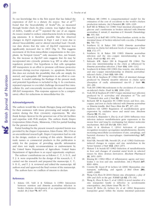 To our knowledge this is the ﬁrst report that has linked the
expression of ZnT to a dietary Zn source. Star et al.(67)
found that the bioavailability of Availaw
-Zn, as measured
through broiler chick Zn tibia content, was higher than that
of ZnSO4. Castillo et al.(70)
reported the use of an organic
Zn source tended to reduce enterobacteria levels in weanling
pig jejunums. It is therefore possible that the observed
changes in Zip13 expression in Expt 1 and 2 were due to
altered bioavailability and/or altered microbial load. Overall,
our data shows that the ratio of Zip:ZnT expression was
signiﬁcantly increased due to 10CV (Fig. 5). This suggests
movement of Zn from intracellular compartments to the cyto-
plasm. As Newport Greene only measures free, not bound,
Zn, this increase in Zip:ZnT ratio suggests that Zn may be
incorporated into cytosolic proteins (e.g. MT or other metal-
regulatory protein). Our hypothesis is that cells upregulate
ZIP transporters in an effort to promote cell/tissue protective
processes during coccivac exposure, i.e. apoptosis. However,
this does not exclude the possibility that cells are simply Zn
starved, and upregulate ZIP transporters in an effort to com-
pensate. A model outlining the ﬁndings of the present study
and potential hypotheses is included in Fig. 6. In conclusion,
repeated exposure to coccidial challenge decreased free intra-
cellular Zn, and concurrently increased the ratio of measured
ZIP:ZnT transporters. This response appears to be a compen-
satory effect for reductions in intracellular-free Zn.
Acknowledgements
The authors would like to thank Zhengyu Jiang and Liting Xu
for their assistance with tissue processing and sample prep-
aration during the ﬂow cytometry experiments. We also
thank Kolapo Ajuwon for the generous use of his lab facilities
and expertise with PCR analysis. The authors thank Zinpro
Corporation (Eden Prarie, Minnesota, USA) for partial funding
for the present research.
Partial funding for the present research reported herein was
provided by the Zinpro Corporation, Eden Prairie, MN, USA as
an unconditional research gift. Zinpro Corporation had no role
in the design, analysis or writing of this article. Mention of
trade names or commercial products in this publication is
solely for the purpose of providing speciﬁc information
and does not imply recommendation or endorsement by
the United States Department of Agriculture. United States
Department of Agriculture is an equal opportunity employer.
The authors’ contributions are as follows: C. T., S. D. E., and
T. J. A. were responsible for the design of the research; C. T.
carried out the research and prepared the manuscript; C. T.,
S. D. E., and T. J. A. reviewed and edited the manuscript. All
authors read and approved the ﬁnal version of the manuscript.
The authors have no conﬂicts of interest to declare.
References
1. Adams CH, Vahl A & Veldman A (1996) Interaction
between nutrition and Eimeria acervulina infection in
broiler chickens: development of an experimental infection
model. Br J Nutr 75, 867–873.
2. Williams RB (1999) A compartmentalized model for the
estimation of the cost of coccidiosis to the world’s chicken
production industry. Int J Parasitol 29, 1209–1229.
3. Ruff MD & Wilkins GC (1980) Total intestinal absorption of
glucose and L-methionine in broilers infected with Eimeria
acervulina, E. mivati, E. maxima or E. brunetti. Parasitology
80, 555–569.
4. Russell J Jr & Ruff MD (1978) Disaccharidase activity in the
intestinal tissue of broilers infected with coccidia. J Parasitol
64, 706–711.
5. Southern LL & Baker DH (1983) Eimeria acervulina
infection in chicks fed deﬁcient levels of manganese. J Nutr
113, 172–177.
6. Southern LL & Baker DH (1983) Eimeria acervulina
infection and the zinc–copper interrelationship in the
chick. Poult Sci 62, 401–404.
7. Bafundo KW, Baker DH & Fitzgerald PR (1984) The
iron–zinc interrelationship in the chick as inﬂuenced by
Eimeria acervulina infection. J Nutr 114, 1306–1312.
8. Southern LL & Baker DH (1983) Zinc toxicity, zinc deﬁciency
and zinc–copper interrelationship in Eimeria acervulina-
infected chicks. J Nutr 113, 688–696.
9. Turk DE & Stephens JF (1966) Effect of intestinal damage
produced by Eimeria necatrix infection in chicks upon
absorption of orally administered zinc-65. J Nutr 88,
261–266.
10. Turk DE (1986) Microelements in the circulation of coccidio-
sis-infected chicks. Poult Sci 65, 2098–2103.
11. Turk DE & Stephens JF (1967) Upper intestinal tract infection
produced by E. acervulina and absorption of 65
Zn and
131
I-labeled oleic acid. J Nutr 93, 161–165.
12. Richards MP & Augustine PC (1988) Serum and liver, zinc,
copper, and iron in chicks infected with Eimeria acervulina
or Eimeria tenella. Biol Trace Elem Res 17, 207–219.
13. Andrews GK (2000) Regulation of metallothionein gene
expression by oxidative stress and metal ions. Biochem
Pharm 59, 95–104.
14. Ghoshal K, Majumder S, Zhu Q, et al. (2001) Inﬂuenza virus
infection induces metallothionein gene expression in the
mouse liver and lung by overlapping but distinct molecular
mechanisms. Mol Cell Biol 21, 8301–8317.
15. Lahiri A & Abraham C (2014) Activation of pattern
recognition receptors up-regulates metallothioneins, thereby
increasing intracellular accumulation of zinc, autophagy, and
bacterial clearance by macrophages. Gastroenterology 147,
835–846.
16. Etzel KR, Swerdel MR, Swerdel JN, et al. (1982) Endotoxin-
induced changes in copper and zinc metabolism in the
Syrian hamster. J Nutr 112, 2363–2373.
17. Maitani T & Suzuki KT (1982) Induction of metallothionein
in liver and changes of essential metal levels in selected
tissues by three dextran derivatives. Biochem Pharmacol
31, 3051–3055.
18. Klasing KC (1984) Effect of inﬂammatory agents and inter-
leukin 1 on iron and zinc metabolism. Am J Physiol 247,
R901–R904.
19. Cousins RJ, Liuzzi JP & Lichten LA (2006) Mammalian zinc
transport, trafﬁcking, and signals. J Biol Chem 281,
24085–24089.
20. Wang X & Zhou B (2010) Dietary zinc absorption: a play of
ZIPs and ZnTs in the gut. IUBMB Life 62, 176–182.
21. Wang K, Zhou B, Kuo Y, et al. (2002) A novel member of a
zinc transporter family is defective in acrodermatitis
enteropathica. Am J Hum Genet 71, 66–73.
22. Liuzzi JP, Bobo JA, Lichten LA, et al. (2004) Responsive
transporter genes within the murine intestinal–pancreatic
C. Troche et al.210
BritishJournalofNutrition
 
