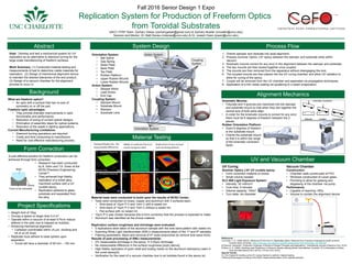 Fall 2016 Senior Design 1 Expo
Replication System for Production of Freeform Optics
from Toroidal Substrates
UNCC FFRP Team: Zachary Geiser (zacharygeiser@gmail.com) & Zachary Mueller (zmueller@uncc.edu)
Sponsor and Mentor: Dr. Matt Davies (mdavies@uncc.edu) & Dr. Joseph Owen (jowen@uncc.edu)
Abstract
Background
Material Testing
System Design Process Flow
Goal: Develop and test a mechanical system for UV
replication as an alternative to diamond turning for the
large scale manufacturing of freeform surfaces.
Work Summary: (1) Conducted material testing and
measurements of test to determine viable materials for
replication. (2) Design of mechanical alignment device
to maintain the desired tolerances of the end product.
(3) Design of a vacuum chamber for the alignment
process to occur in.
What are freeform optics?
• An optic with a surface that has no axis of
symmetry on or off the part.
Freeform optic advantages:
• They provide dramatic improvements in optic
functionality and performance.
• Reduction of sizing of current optical designs.
• Elimination of assembly steps for optical systems.
• Reduction of the waste in lighting applications.
Current Manufacturing Limitations:
• Diamond turning operations are required.
• Costly and time consuming to manufacture.
• Need for cost effective manufacturing process.
Alignment Mechanics
UV and Vacuum Chamber
UV Curing
Summer Optics J-91 UV curable epoxy:
• Form correction material of choice
• Small volume needed
ELC-500 Light Exposure System:
• Intensity: 30 mW/cm2
• Cure time: 5 minutes
• Volume capacity: 150in3
• Turn table: 4in diameter
Form Correction
A cost effective solution for freeform production can be
achieved through form correction.
• Research has been conducted
by A. Sohn and T.A. Down at the
NCSU Precision Engineering
Center[1].
• They achieved high fidelity
replication of a nickel alloy
machined surface with a UV
curable epoxy.
• Replication adhered to glass
substrate and separated from
the alloy.
Mold
Epoxy
Form to be corrected
Material tests were conducted to build upon the results of NCSU Center.
• Tests were conducted on brass, copper and aluminum with 3 surfaces each;
• Sine wave of 10µm P-V and 1mm l with a raised rim.
• Sine wave of 10µm P-V and 1mm l without a raised rim.
• Flat surface with no raised rim.
• 10µm P-V was chosen because this is form correction that the process is expected to make.
• Aluminum was identified as the choice material.
Replication surface roughness and shrinkage were evaluated:
• 5 replications were taken of the aluminum sample with the sine wave pattern with raised rim.
• Scanning White Light Interferometer (SWLI) measurements taken of the 1st and 5th samples.
• Filtering parameters: 80µm and removal of 4th order polynomial (to remove sine wave form).
Results of post processing of SWLI measurements:
• 2% measureable shrinkage in the epoxy  0.25µm shrinkage
• No measureable difference in the surface roughness [(a)(b) above].
• High fidelity replication of grain relief and tooling marks on the aluminum stamper(c) seen in
the cured epoxy(d).
• Verification for the need of a vacuum chamber due to air bubbles found in the epoxy (e).
Orientation System:
• Ball Spline
• Gas Spring
• Slider Plate
• Base Plate
• Top Plate
• Rubber Platform
• Upper Rubber Mounts
• Lower Rubber Mounts
Action System:
• Stepper Motor
• Lead Screw
• End Cap
Coupling System:
• Stamper Mount
• Substrate Mount
• Stamper
• Substrate Lens
Coupling
System
Orientation System
Action System
Kinematic Mounts:
• Fiducials and V-grooves are machined into the stamper
and substrate mount so that when they slot together the
central axis of both parts align.
• In order for the kinematic mounts to correct for any error
there must be 6 degrees of freedom between the 2
pieces.
Rubber Orientation Platform:
• Grant 6 degrees of freedom
to the substrate mount.
• Orients the substrate mount
so that it is within the range
of the kinematic correction
factor.
1. Orients stamper and replicate into axial alignment.
2. Presses Summer Optics J-91 epoxy between the stamper and substrate while within
vacuum.
3. Kinematic mounts correct for any error in the alignment between the stamper and substrate.
4. The two mounts are then locked together once coupled.
5. The mounts are then removed from the apparatus without disengaging the lock.
6. The coupled mounts are then placed into the UV curing chamber and allow UV radiation to
allow for curing of the epoxy.
7. Couple will be removed from the UV chamber and separated via propagation techniques.
8. Application of a thin metal coating via sputtering or e beam evaporation.
Project Specifications
• Weight limit of 10kg
• Occupy a space no larger than 0.5 m3
• Operate within a vacuum of at least 5 Pa to reduce
defects in the optic due to trapped air bubbles.
• Achieving mechanical alignment
• Cartesian coordinates within ±5 µm, clocking and
tilt of ±0.25 mrad.
• Replicate must adhere to base sphere upon
separation
• Toroid will have a diameter of 50 mm – 100 mm
Vacuum Chamber
Construction:
• Chamber walls constructed of PVC.
• Windows constructed of Lexan glass.
• Plumbing to allow for gassing and
degassing of the chamber via pump.
Performance:
• Capable of reaching <5Pa.
• Volume to contain the alignment device.
References
[1] A Sohn, T. D. (1999, March). Removal of Form Error in Replicated Optics. Retrieved from Precision Engineering Center at North
Carolina State University: https://www.pec.ncsu.edu/wp-content/uploads/sites/10/2015/03/aspe_spr1999.pdf
[2] Slocum, Alexander. “Kinematic Couplings: A Review of Design Principles and Applications.” International Journal of Machine (Oct. 2016)
[3] Brar, G. S. (2009). Buckling Load Predictions in Pressure Vessels Utilizing Monte Carlo Method. Charlotte: Ph.D Dissertation of Bara.
Tools and Manufacture 50.4 (2010): 310-327 (Oct. 2016).
Special Thanks:
Dr. Tom Suleski for lending us his UV curing chamber to perform material testing.
Prithiviraj Shanmugam for aiding in the SWLI measurements taken of the material samples.
 