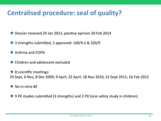 ©	
  Copyright	
  Aedestra	
  2015	
   16	
  
Centralised	
  procedure:	
  seal	
  of	
  quality?	
  
	
  
u Dossier	
  received	
  29	
  Jan	
  2013,	
  posi9ve	
  opinion	
  20	
  Feb	
  2014	
  
u 3	
  strengths	
  submired,	
  2	
  approved:	
  160/4.5	
  &	
  320/9	
  
u Asthma	
  and	
  COPD	
  
u Children	
  and	
  adolescent	
  excluded	
  
u 8	
  scien9ﬁc	
  mee9ngs:	
  
24	
  Sept,	
  6	
  Nov,	
  8	
  Dec	
  2009;	
  9	
  April,	
  22	
  April,	
  18	
  Nov	
  2010;	
  22	
  Sept	
  2011;	
  16	
  Feb	
  2012	
  
u No	
  in-­‐vitro	
  BE	
  
u 9	
  PK	
  studies	
  submired	
  (3	
  strengths)	
  and	
  2	
  PD	
  (one	
  safety	
  study	
  in	
  children)	
  
 