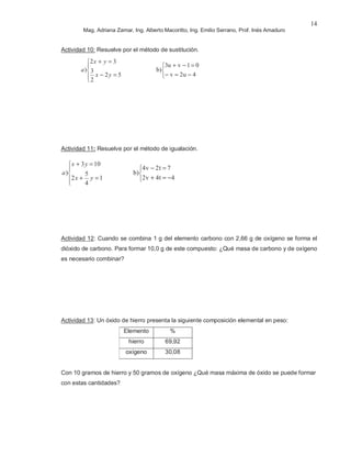 Mag. Adriana Zamar, Ing. Alberto Macoritto, Ing. Emilio Serrano, Prof. Inés Amaduro
14
Actividad 10: Resuelve por el método de sustitución.




=−
=+
52
2
3
32
)
yx
yx
a



−=−
=−+
4u2v
01vu3
)b
Actividad 11: Resuelve por el método de igualación.




=+
=+
1
4
5
2
103
)
yx
yx
a



−=+
=−
4t4v2
7t2v4
)b
Actividad 12: Cuando se combina 1 g del elemento carbono con 2,66 g de oxígeno se forma el
dióxido de carbono. Para formar 10,0 g de este compuesto: ¿Qué masa de carbono y de oxígeno
es necesario combinar?
Actividad 13: Un óxido de hierro presenta la siguiente composición elemental en peso:
Elemento %
hierro 69,92
oxígeno 30,08
Con 10 gramos de hierro y 50 gramos de oxígeno ¿Qué masa máxima de óxido se puede formar
con estas cantidades?
 