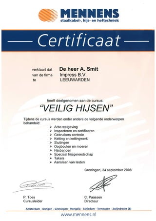 Certificate Safe-Lifting A.Smit