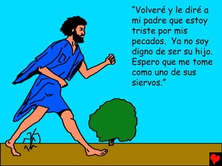 “Volveré y le diré a
mi padre que estoy
triste por mis
pecados. Ya no soy
digno de ser su hijo.
Espero que me tome
como uno de sus
siervos.”
 