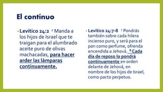 El contínuo
•Levítico 24:2 2 Manda a
los hijos de Israel que te
traigan para el alumbrado
aceite puro de olivas
machacadas, para hacer
arder las lámparas
continuamente.
• Levítico 24:7-8 7 Pondrás
también sobre cada hilera
incienso puro, y será para el
pan como perfume, ofrenda
encendida a Jehová. 8 Cada
día de reposo lo pondrá
continuamente en orden
delante de Jehová, en
nombre de los hijos de Israel,
como pacto perpetuo.
 