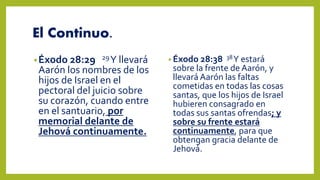 El Continuo.
•Éxodo 28:29 29Y llevará
Aarón los nombres de los
hijos de Israel en el
pectoral del juicio sobre
su corazón, cuando entre
en el santuario, por
memorial delante de
Jehová continuamente.
• Éxodo 28:38 38Y estará
sobre la frente de Aarón, y
llevará Aarón las faltas
cometidas en todas las cosas
santas, que los hijos de Israel
hubieren consagrado en
todas sus santas ofrendas; y
sobre su frente estará
continuamente, para que
obtengan gracia delante de
Jehová.
 