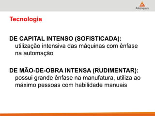 Tecnologia
DE CAPITAL INTENSO (SOFISTICADA):
utilização intensiva das máquinas com ênfase
na automação
DE MÃO-DE-OBRA INTENSA (RUDIMENTAR):
possui grande ênfase na manufatura, utiliza ao
máximo pessoas com habilidade manuais
 