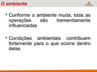 O ambiente
 Conforme o ambiente muda, toda as
operações são tremendamente
influenciadas
 Condições ambientais contribuem
fortemente para o que ocorre dentro
delas
 