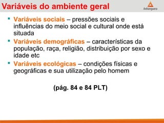 Variáveis do ambiente geral
 Variáveis sociais – pressões sociais e
influências do meio social e cultural onde está
situada
 Variáveis demográficas – características da
população, raça, religião, distribuição por sexo e
idade etc
 Variáveis ecológicas – condições físicas e
geográficas e sua utilização pelo homem
(pág. 84 e 84 PLT)
 