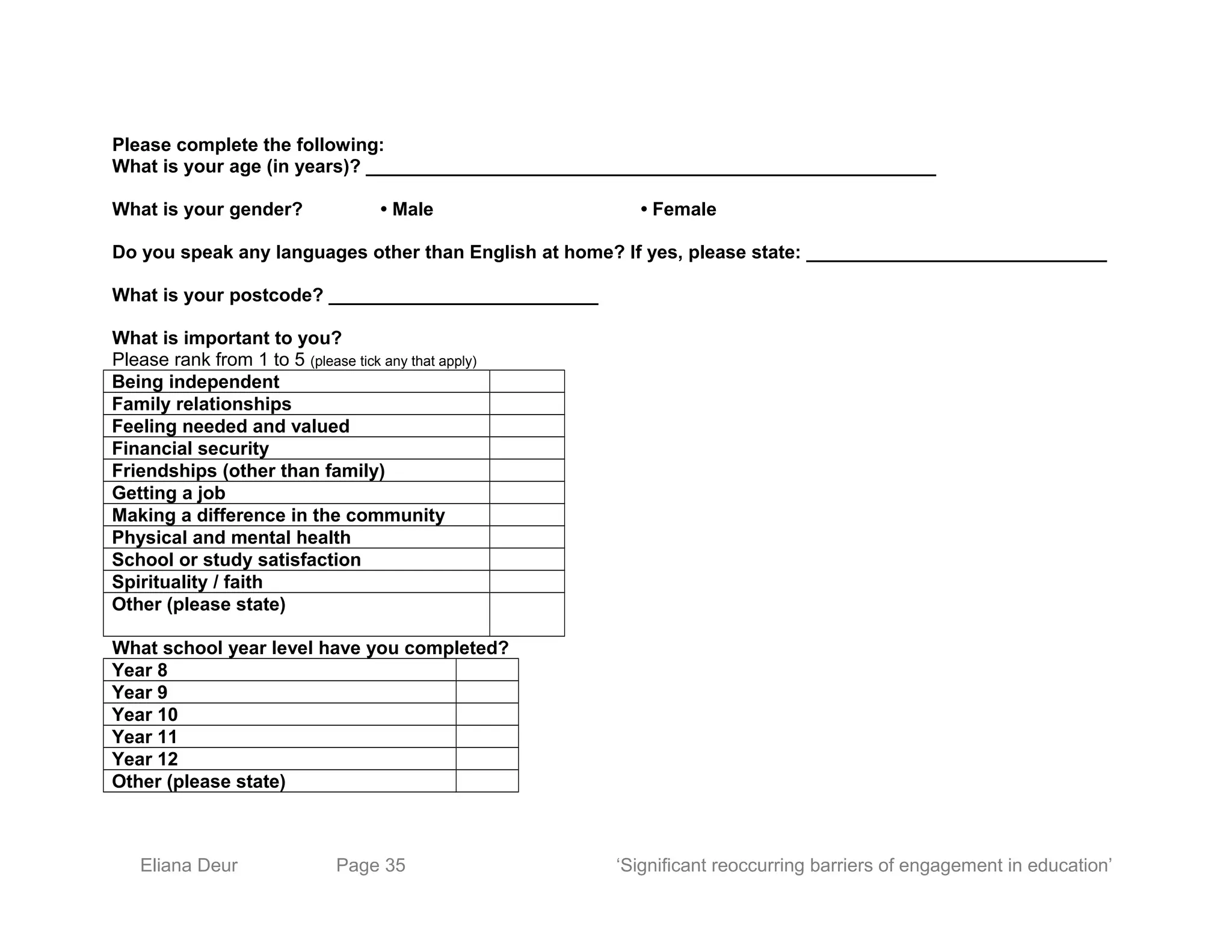 Please complete the following:
What is your age (in years)? _______________________________________________________
What is your gender? • Male • Female
Do you speak any languages other than English at home? If yes, please state: _____________________________
What is your postcode? __________________________
What is important to you?
Please rank from 1 to 5 (please tick any that apply)
Being independent
Family relationships
Feeling needed and valued
Financial security
Friendships (other than family)
Getting a job
Making a difference in the community
Physical and mental health
School or study satisfaction
Spirituality / faith
Other (please state)
What school year level have you completed?
Year 8
Year 9
Year 10
Year 11
Year 12
Other (please state)
Eliana Deur Page 35 ‘Significant reoccurring barriers of engagement in education’
 