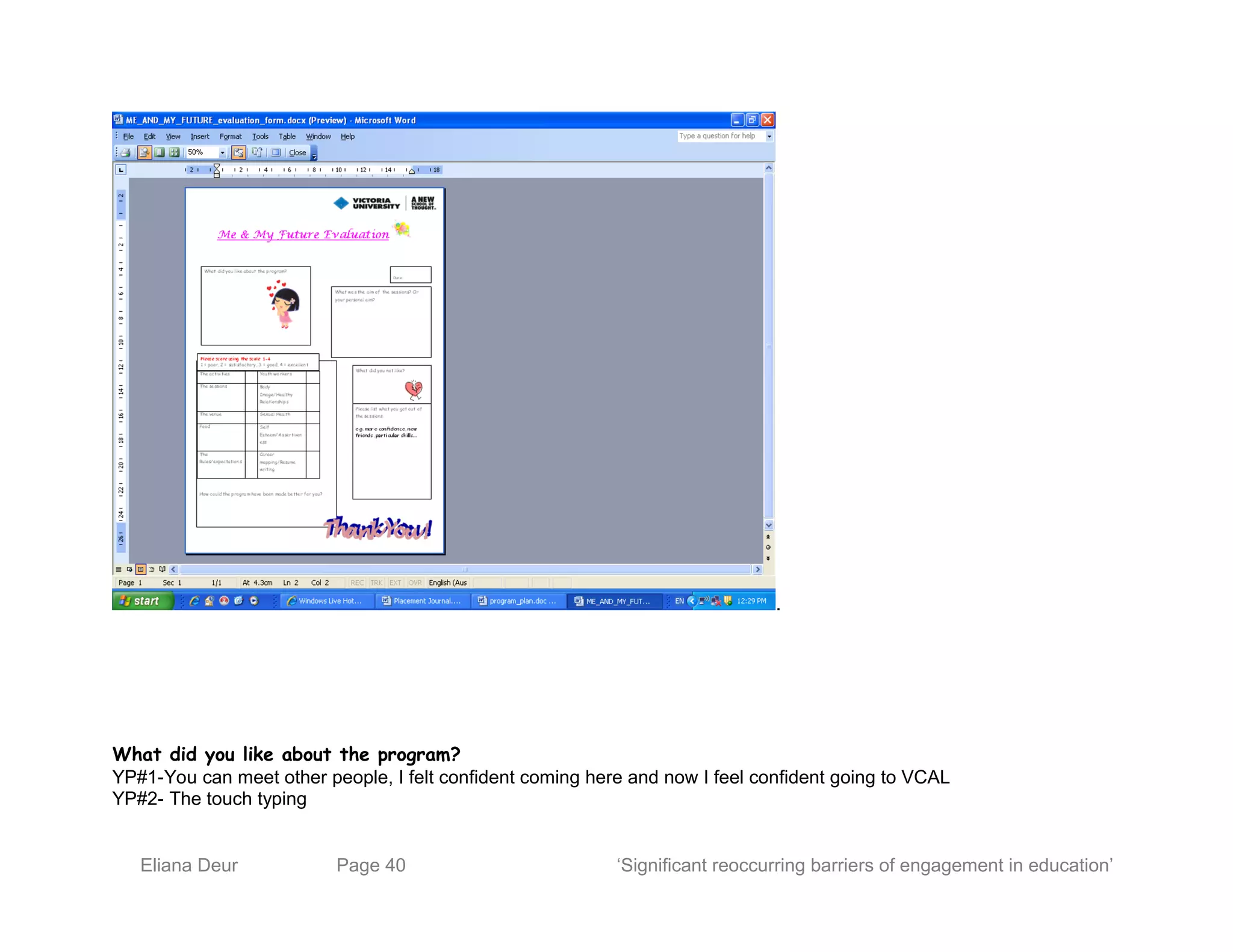 .
What did you like about the program?
YP#1-You can meet other people, I felt confident coming here and now I feel confident going to VCAL
YP#2- The touch typing
Eliana Deur Page 40 ‘Significant reoccurring barriers of engagement in education’
 