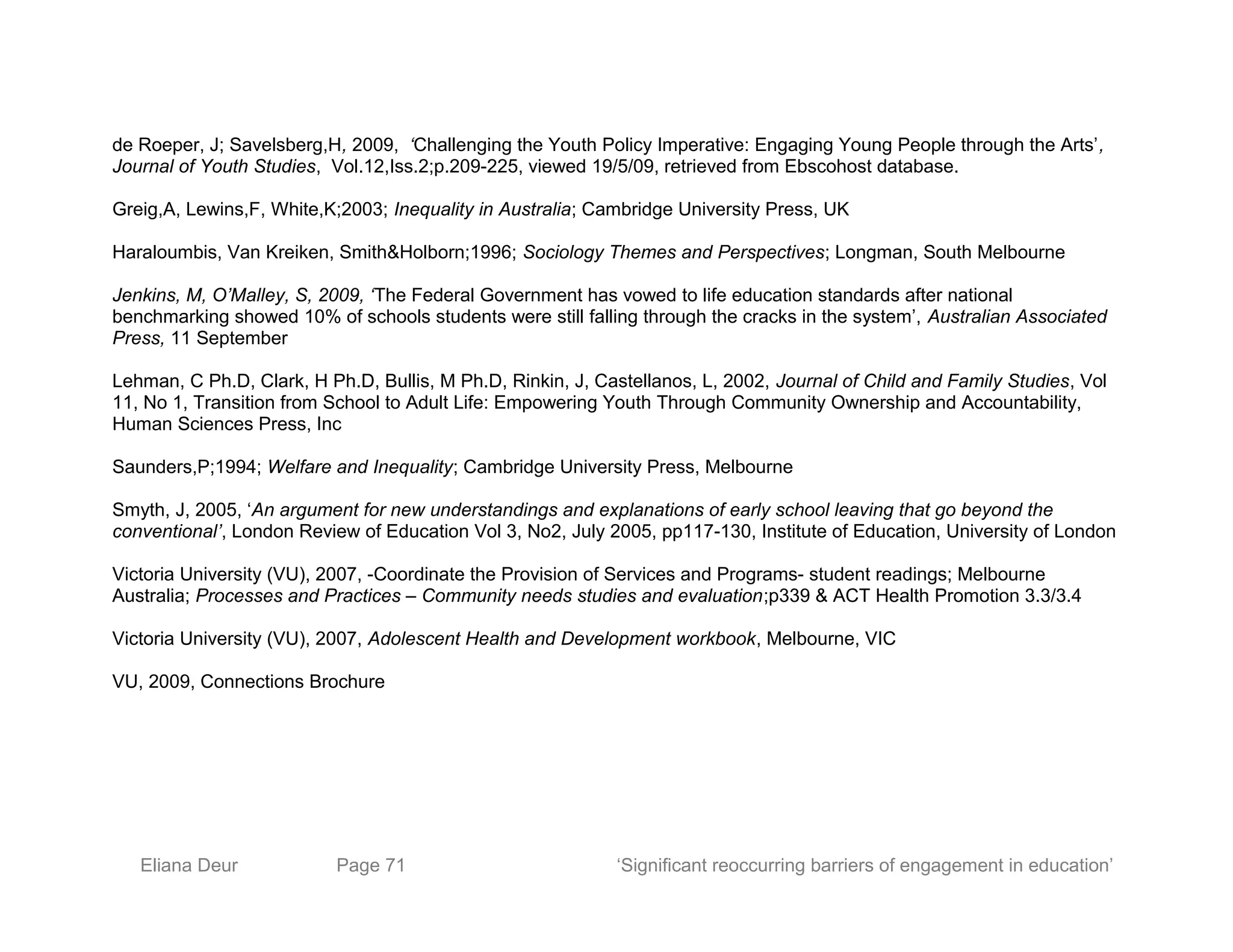 de Roeper, J; Savelsberg,H, 2009, ‘Challenging the Youth Policy Imperative: Engaging Young People through the Arts’,
Journal of Youth Studies, Vol.12,Iss.2;p.209-225, viewed 19/5/09, retrieved from Ebscohost database.
Greig,A, Lewins,F, White,K;2003; Inequality in Australia; Cambridge University Press, UK
Haraloumbis, Van Kreiken, Smith&Holborn;1996; Sociology Themes and Perspectives; Longman, South Melbourne
Jenkins, M, O’Malley, S, 2009, ‘The Federal Government has vowed to life education standards after national
benchmarking showed 10% of schools students were still falling through the cracks in the system’, Australian Associated
Press, 11 September
Lehman, C Ph.D, Clark, H Ph.D, Bullis, M Ph.D, Rinkin, J, Castellanos, L, 2002, Journal of Child and Family Studies, Vol
11, No 1, Transition from School to Adult Life: Empowering Youth Through Community Ownership and Accountability,
Human Sciences Press, Inc
Saunders,P;1994; Welfare and Inequality; Cambridge University Press, Melbourne
Smyth, J, 2005, ‘An argument for new understandings and explanations of early school leaving that go beyond the
conventional’, London Review of Education Vol 3, No2, July 2005, pp117-130, Institute of Education, University of London
Victoria University (VU), 2007, -Coordinate the Provision of Services and Programs- student readings; Melbourne
Australia; Processes and Practices – Community needs studies and evaluation;p339 & ACT Health Promotion 3.3/3.4
Victoria University (VU), 2007, Adolescent Health and Development workbook, Melbourne, VIC
VU, 2009, Connections Brochure
Eliana Deur Page 71 ‘Significant reoccurring barriers of engagement in education’
 