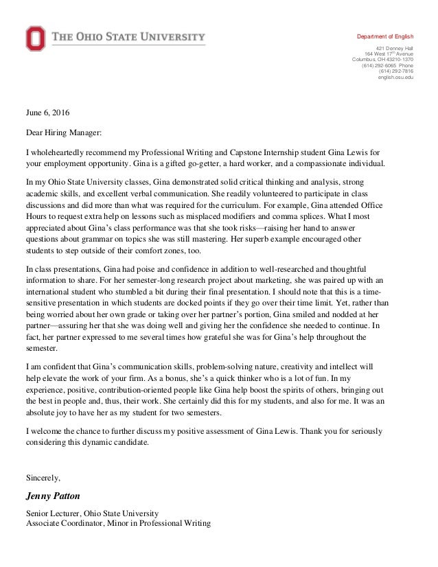 gina lewis recommendation letter osu letter of recommendation