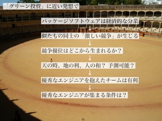 2012©
「グリーン投資」に近い発想で
16
パッケージソフトウェアは経済的な分業
似たもの同士の「激しい競争」が生じる
競争優位はどこから生まれるか？
天の時、地の利、人の和？ 予測可能？
優秀なエンジニアを抱えたチームは有利
優秀なエンジニアが集まる条件は？
↓
↓
↓
↓
↓
 