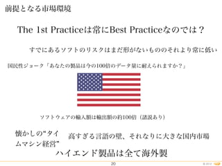 2012©
前提となる市場環境
20
The 1st Practiceは常にBest Practiceなのでは？
ソフトウェアの輸入額は輸出額の約100倍（諸説あり）
懐かしの タイ
ムマシン経営
すでにあるソフトのリスクはまだ形がないもののそれより常に低い
国民性ジョーク「あなたの製品は今の100倍のデータ量に耐えられますか？」
高すぎる言語の壁、それなりに大きな国内市場
ハイエンド製品は全て海外製
 