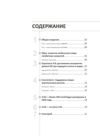 СОДЕРЖАНИЕ
Общие сведения................................................................. 02
4.5G — важный этап на пути к MBB2020............................................ 02
4.5G — новые критерии для сетей MBB............................................. 04
Gbps: открытие мобильного мира
гигабитных скоростей.................................................... 05
Ключевые технологии ......................................................................... 05
Experience 4.0: достижение восприятия
уровня HD при передаче голоса и видео... 07
Experience 4.0: VoLTE Plus .................................................................... 07
Experience 4.0: Video Plus .................................................................... 11
Connection+: поддержка новых
вертикальных рынков................................................... 14
Connection+: NB-IoT.............................................................................. 14
Connection+: LiTRA ............................................................................... 16
4.5G — более 100 сетей будут развернуты в
2016 году..................................................................................... 18
4.5G — на пути к 5G.......................................................... 19
Глоссарий.................................................................................... 21
 