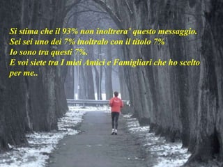 Si stima che il 93% non inoltrera’ questo messaggio. Sei sei uno dei 7% inoltralo con il titolo 7%  Io sono tra questi 7%.  E voi siete tra I miei Amici e Famigliari che ho scelto per me.. 