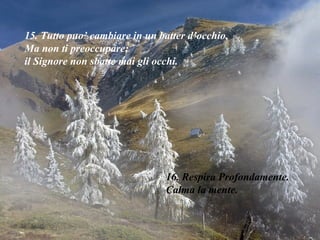 15. Tutto puo’ cambiare in un batter d’occhio. Ma non ti preoccupare;  il Signore non sbatte mai gli occhi. 16. Respira Profondamente. Calma la mente. 