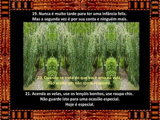 19. Nunca é muito tarde para ter uma infância feliz.
   Mas a segunda vez é por sua conta e ninguém mais.




      20. Quando se trata do que você ama na vida,
           não aceite um não como resposta.

21. Acenda as velas, use os lençóis bonitos, use roupa chic.
        Não guarde isto para uma ocasião especial.
                      Hoje é especial.
 