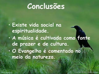Conclusões
• Existe vida social na
espiritualidade.
• A música é cultivada como fonte
de prazer e de cultura.
• O Evangelho é comentado no
meio da natureza.
 