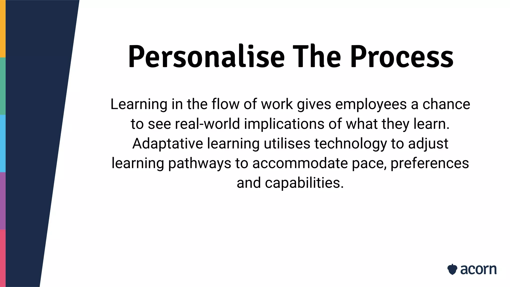Personalise The Process
Learning in the flow of work gives employees a chance
to see real-world implications of what they learn.
Adaptative learning utilises technology to adjust
learning pathways to accommodate pace, preferences
and capabilities.
 