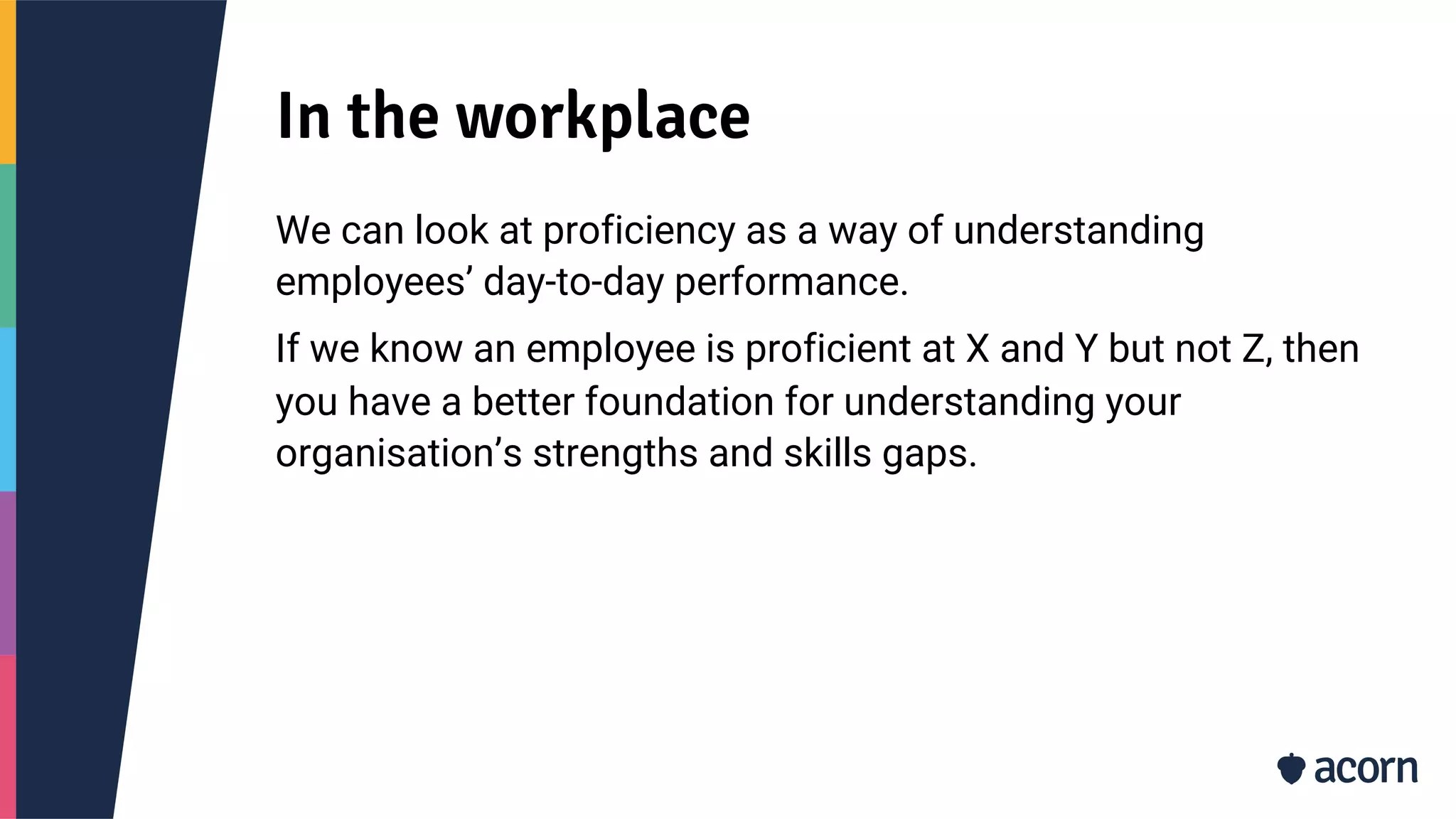 In the workplace
We can look at proficiency as a way of understanding
employees’ day-to-day performance.
If we know an employee is proficient at X and Y but not Z, then
you have a better foundation for understanding your
organisation’s strengths and skills gaps.
 