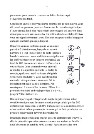 9




personnes pour pouvoir trouver ces 5 distributeurs qui
s’investissent à fond.
Cependant, une fois que vous aurez assimilé les 10 séminaires, vous
découvrirez que ceux que vous formez sur la base de ces principes
s’investiront à fond plus rapidement que ces gens qui entrent dans
des organisations sans connaître les notions fondamentales. Ce livre
vous enseignera comment travailler avec eux pour qu’ils s’engagent
en toute sincérité, plus rapidement.
Reportez-vous au tableau : quand vous aurez
parrainé 5 distributeurs, lesquels en auront
parrainé 5 à leur tour, et ainsi de suite jusqu’au
bas de la colonne… vous additionnerez également
les chiffres encerclés et vous en arriverez à un
total de 780 personnes vraiment intéressées à
votre réseau. Cette démarche vous aidera à
répondre à la question suivante : « En fin de
compte, quelqu’un est-il vraiment obligé de
vendre des produits ? » Vous avez tous déjà
entendu cette question si vous avez été le
moindrement actifs dans le domaine. Par
conséquent, il vous suffira de vous référer à ce
premier séminaire et d’expliquer que 2 x 2 = 4…
jusqu’à 780 distributeurs.
Dans n’importe quel entreprise de marketing de réseau, si l’on
considère uniquement la consommation des produits par les 780
distributeurs du réseau, le chiffre d’affaires est déjà considérable (ce
calcul ne tient même pas compte de ceux qui ne font qu’acheter les
produits sans vouloir devenir distributeurs).
Imaginons maintenant que chacun des 780 distributeurs trouve 10
clients potentiels parmi ses connaissances, ses amis et sa famille :
nous obtenons un total de 7800 clients ! Ajoutez à cela les 780
 