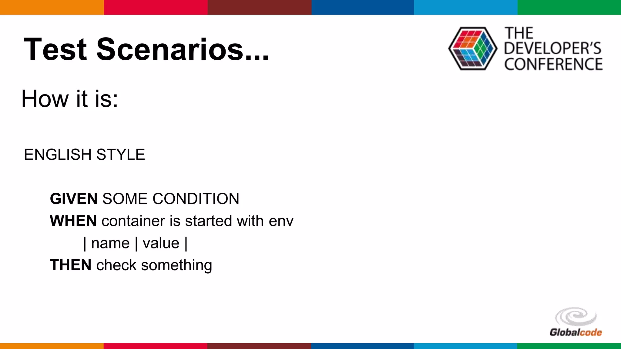 Globalcode – Open4education
Test Scenarios...
How it is:
ENGLISH STYLE
GIVEN SOME CONDITION
WHEN container is started with env
| name | value |
THEN check something
 
