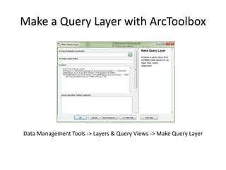 Make a Query Layer with ArcToolbox
Data Management Tools -> Layers & Query Views -> Make Query Layer
 
