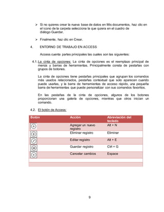 9
 Si no quieres crear la nueva base de datos en Mis documentos, haz clic en
el icono de la carpeta selecciona la que quiera en el cuadro de
diálogo Guardar.
 Finalmente, haz clic en Crear.
4. ENTORNO DE TRABAJO EN ACCESS
Access cuenta partes principales las cuales son las siguientes:
4.1. La cinta de opciones: La cinta de opciones es el reemplazo principal de
menús y barras de herramientas. Principalmente consta de pestañas con
grupos de botones.
La cinta de opciones tiene pestañas principales que agrupan los comandos
más usados relacionados, pestañas contextual que solo aparecen cuando
puede usarlas, y la barra de herramientas de acceso rápido, una pequeña
barra de herramientas que puede personalizar con sus comandos favoritos.
En las pestañas de la cinta de opciones, algunos de los botones
proporcionan una galería de opciones, mientras que otros inician un
comando.
4.2. El botón de Access:
Botón Acción Abreviación del
teclado
Agregar un nuevo
registro
Alt + N
Eliminar registro Eliminar
Editar registro Alt + E
Guardar registro Ctrl + G
Cancelar cambios Espace
 