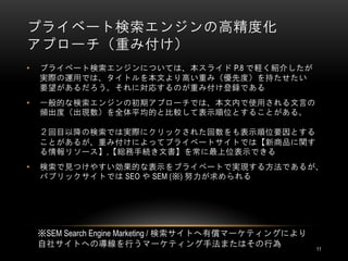 プライベート検索エンジンの高精度化
アプローチ（重み付け）
•   プライベート検索エンジンについては、本スライド P.8 で軽く紹介したが
    実際の運用では、タイトルを本文より高い重み（優先度）を持たせたい
    要望があるだろう。それに対応するのが重み付け登録である
•   一般的な検索エンジンの初期アプローチでは、本文内で使用される文言の
    頻出度（出現数）を全体平均的と比較して表示順位とすることがある。

    ２回目以降の検索では実際にクリックされた回数をも表示順位要因とする
    ことがあるが、重み付けによってプライベートサイトでは【新商品に関す
    る情報リソース】,【総務手続き文書】を常に最上位表示できる
•   検索で見つけやすい効果的な表示をプライベートで実現する方法であるが、
    パブリックサイトでは SEO や SEM (※) 努力が求められる




    ※SEM Search Engine Marketing / 検索サイトへ有償マーケティングにより
    自社サイトへの導線を行うマーケティング手法またはその行為                        11
 