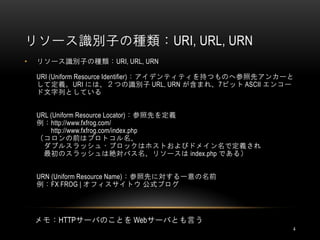 リソース識別子の種類：URI, URL, URN
•   リソース識別子の種類：URI, URL, URN

    URI (Uniform Resource Identifier)：アイデンティティを持つものへ参照先アンカーと
    して定義。URI には、２つの識別子 URL, URN が含まれ、7ビット ASCII エンコー
    ド文字列としている


    URL (Uniform Resource Locator)：参照先を定義
    例：http://www.fxfrog.com/
        http://www.fxfrog.com/index.php
    （コロンの前はプロトコル名、
      ダブルスラッシュ・ブロックはホストおよびドメイン名で定義され
      最初のスラッシュは絶対パス名、リソースは index.php である）


    URN (Uniform Resource Name)：参照先に対する一意の名前
    例：FX FROG | オフィスサイトウ 公式ブログ




    メモ：HTTPサーバのことを Webサーバとも言う
                                                           4
 