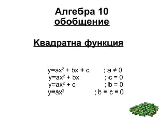 Aлгебра 10 обобщение y=ax 2  + bx + c  ; a  ≠  0  y=ax 2  + bx  ; c = 0 y=ax 2  + c  ; b = 0 y=ax 2  ; b = c = 0 Kвадратна функция 